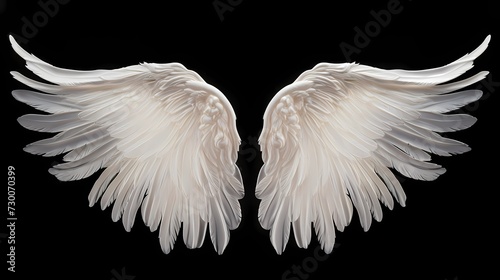 Feathered white angel wings with a subtle iridescence, catching the light on a black solid background, evoking a mesmerizing ethereal aura