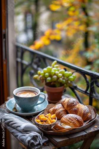 A cup of coffee and croissants for breakfast on a small cozy balcony for one person