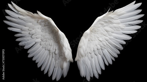 Grand and ethereal white angel wings, elegantly spanning out on a black solid backdrop, emanating a sense of divine majesty and purity