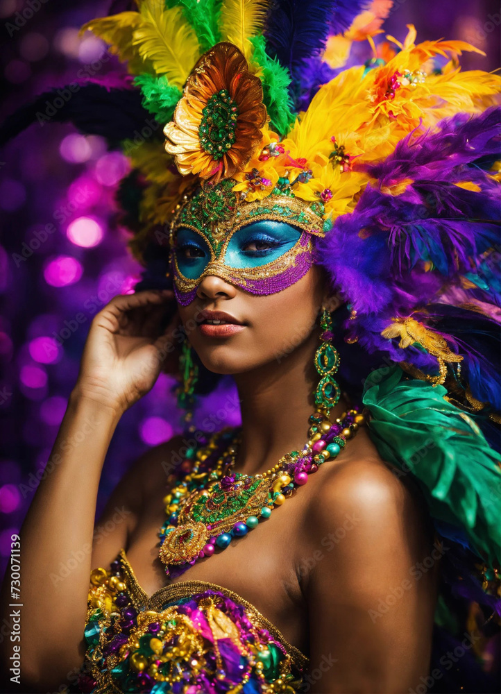 Mardi Gras Carnival, people dressed in colourful costumes and masks, participating in parades and having fun. Mardi Gras festival concept