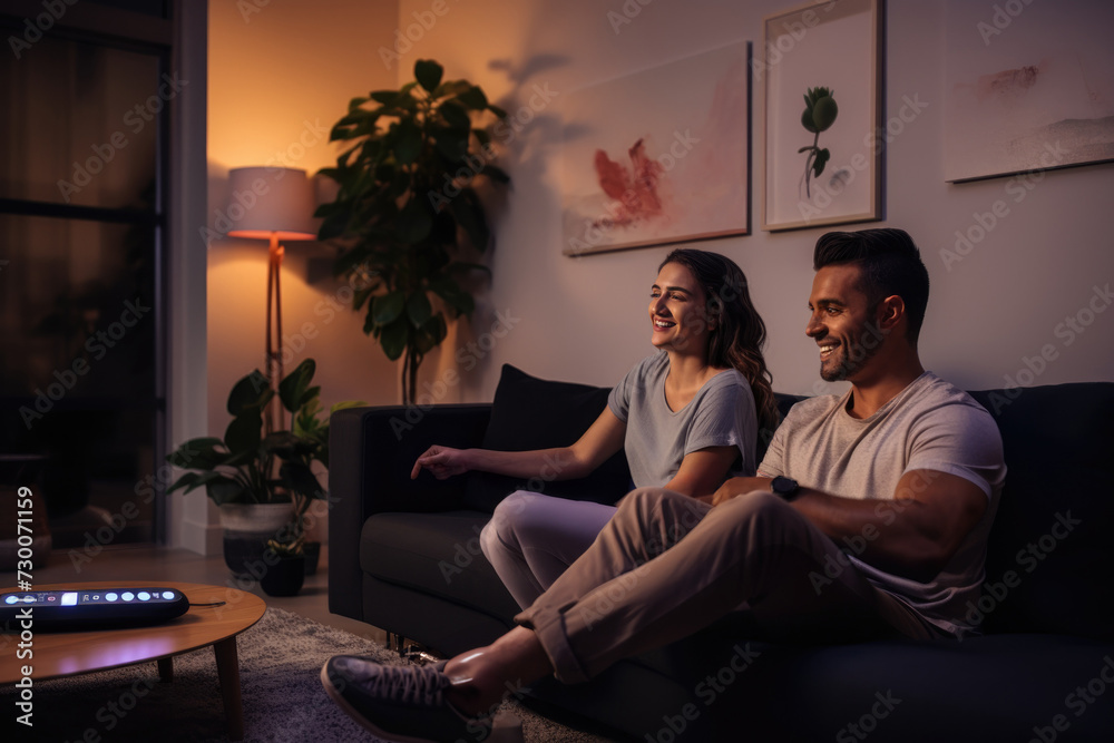 Couple sits side by side on a couch, holding a sleek remote control watching tv Couple sits side by side on a couch, holding a sleek remote control watching tv