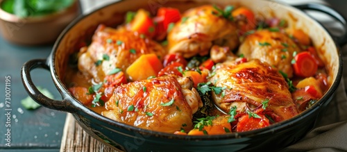 Stewed chicken with vegetables and sauce. photo