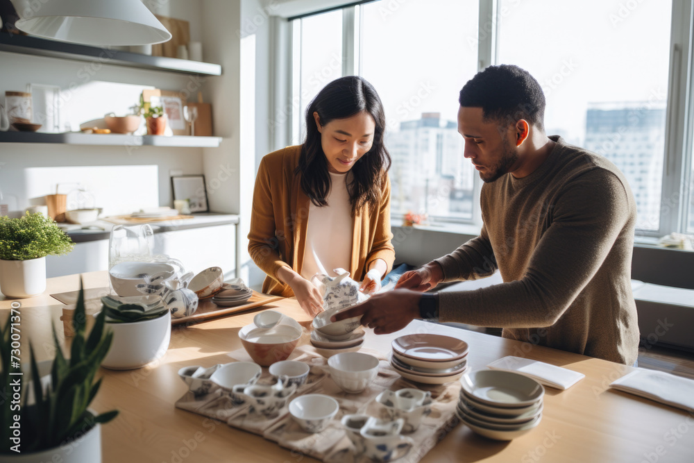 Young couple unpacks kitchenware in their new condo - obrazy, fototapety, plakaty 