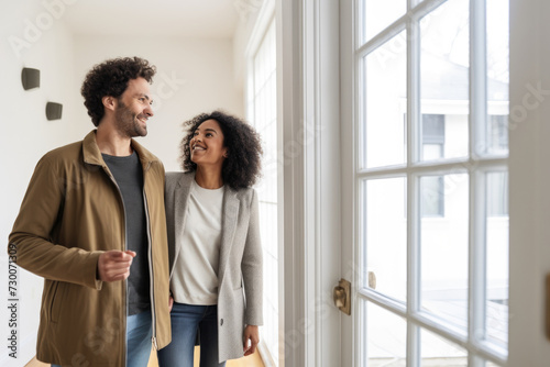 Young couple stands in the doorway of their new apartment, looking at the empty rooms with excitement. © Marharyta