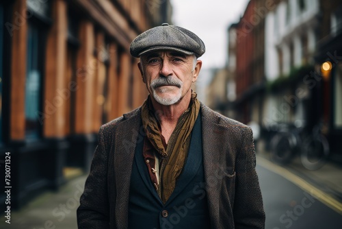 Handsome senior man with grey beard wearing a cap and coat on a street in London © Inigo