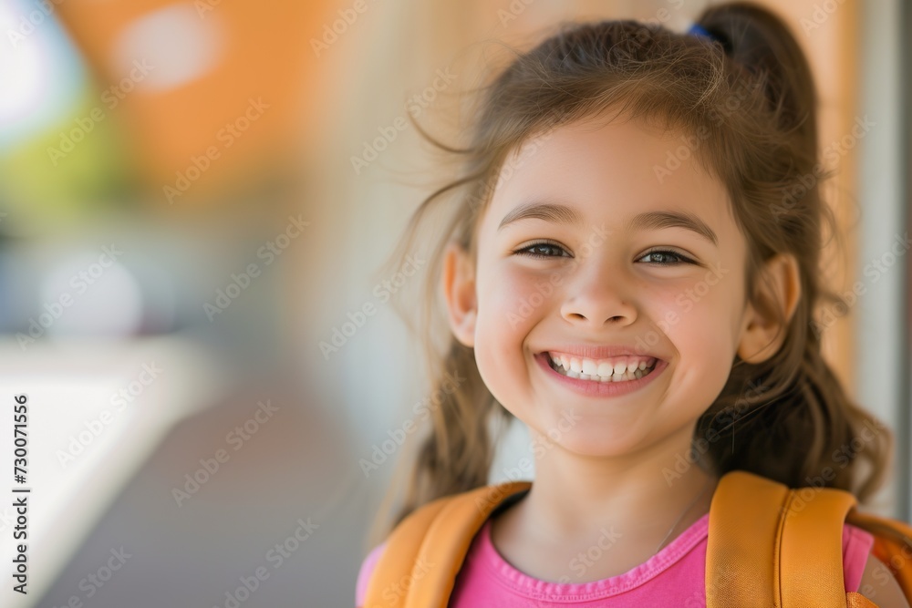 Joyful Image Capturing a Girl's Entrance into School with a Beaming Smile Joyful Image Capturing a Girl's Entrance into School with a Beaming Smile