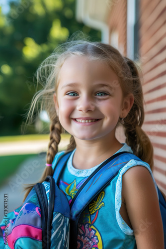Front View Portrait of a Grinning Girl Stepping into Her Educational Environment