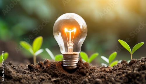 Light bulb and green plants growing from the ground. Energy saving and environmental resource conservation