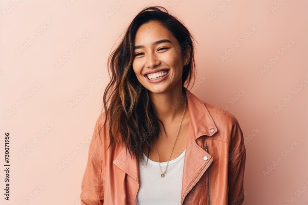 Portrait of a happy young asian woman smiling against pink background Portrait of a happy young asian woman smiling against pink background