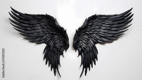 Intricately crafted black angel wings, delicately suspended on a solid white surface, radiating an aura of otherworldly elegance