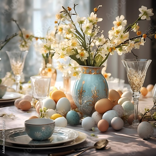 Schöne Tischdeko für ein gemütliches Osterfrühstück photo