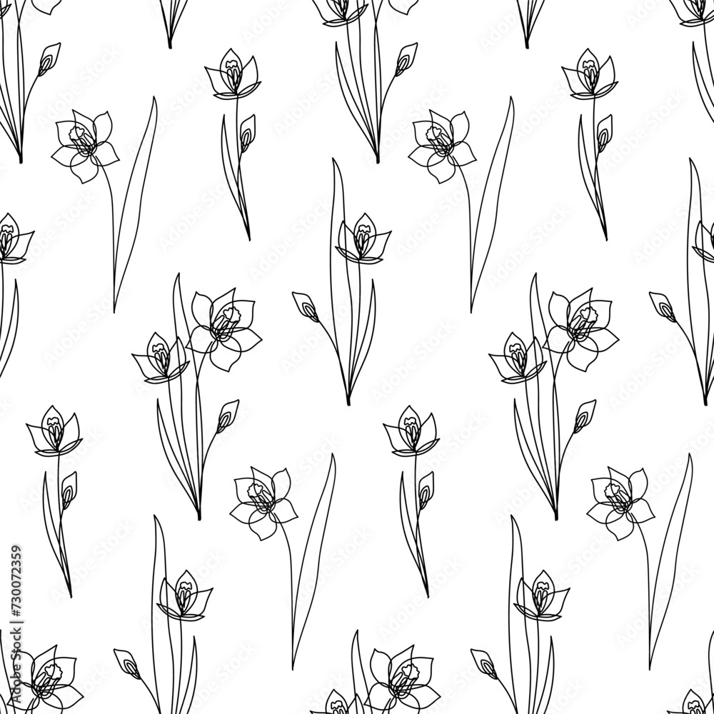 Seamless botanical pattern with hand drawn narcissus flower on white. Wrapping paper with daffodil. Coloring of jonquil