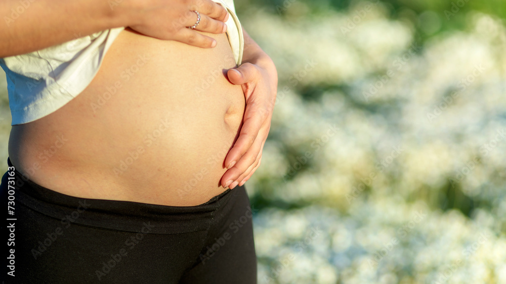 First trimester of pregnancy. Pregnant mother showing her belly on an out of focus nature background. Concept of the first months of motherhood. First trimester of pregnancy. Pregnant mother showing her belly on an out of focus nature background. Concept of the first months of motherhood.