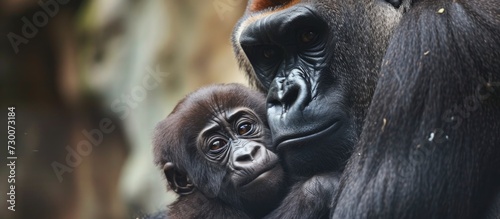 a mother gorilla with her adorable baby in a close-up view