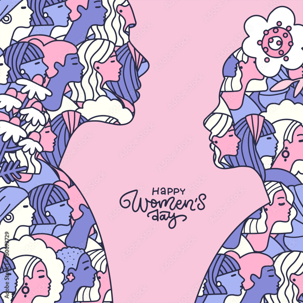 International women's day greeting card or social media cover. Two female head silhouettes made of girl's head pattern. Vector hand drawn illustration with lettering greeting text.