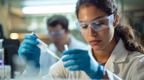 focused female scientist or laboratory technician examining a test tube