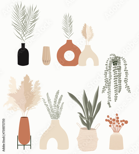 Flower in vase flat simple style illustration including different floral bouquets. Hand drawn cute line art about plants in interior. Dry flowers for interior and home decor, boho, scandinavian style (ID: 730073750)