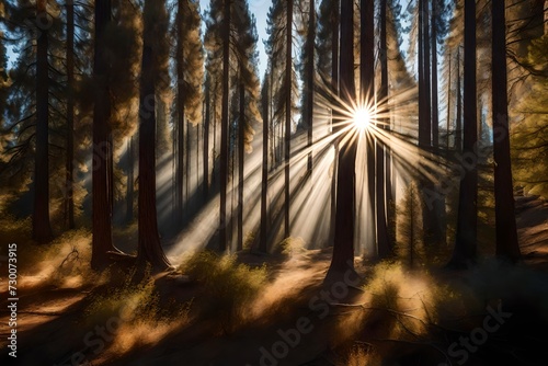 Sunlight streaming through trees  San Bernardino National Forest  California  USA By RooM The Agency