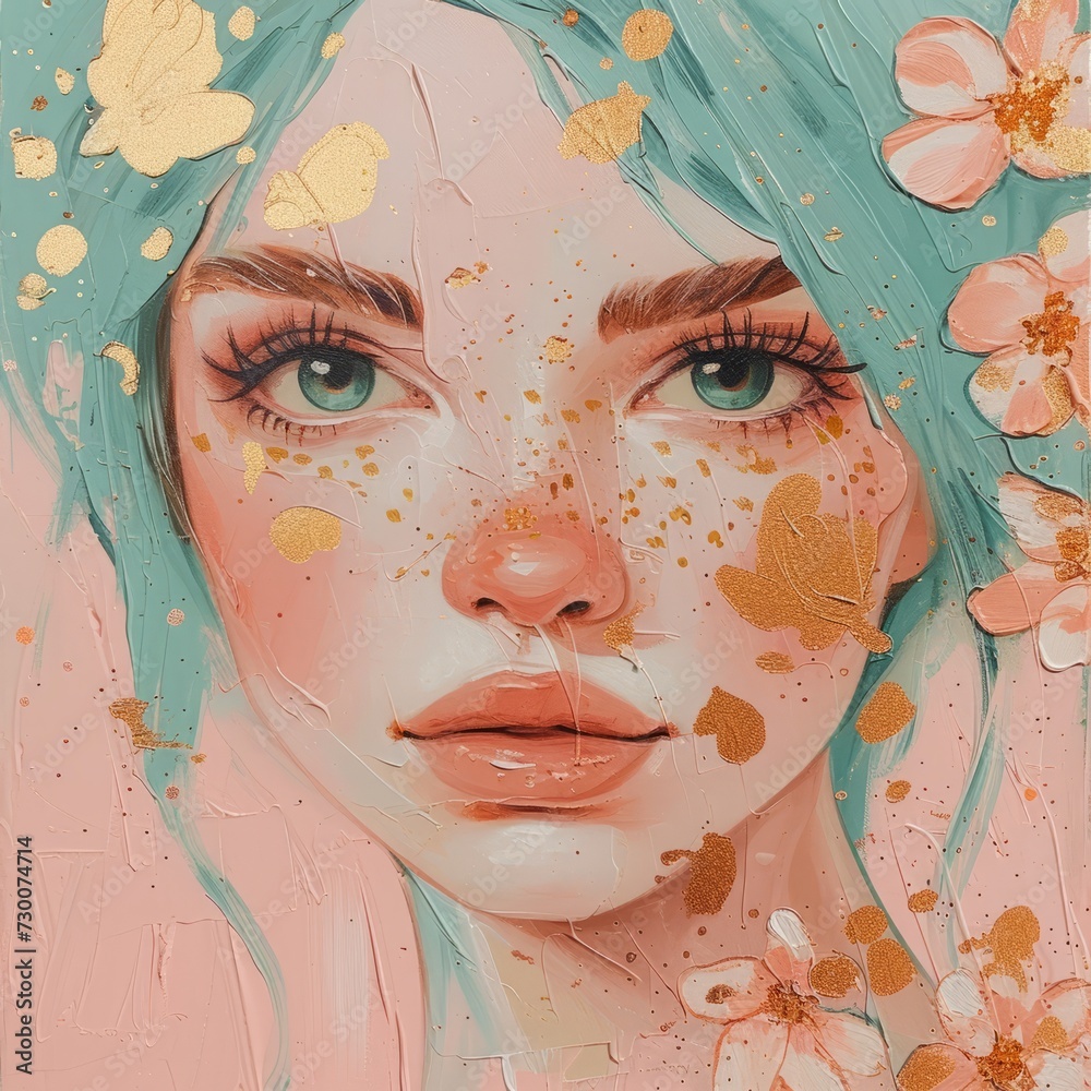 girl in shades of mint and gold with flowers illustration.