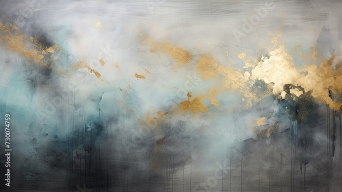 Abstract painting in grey and turquoise with gold accents, modern decoration, contemporary art