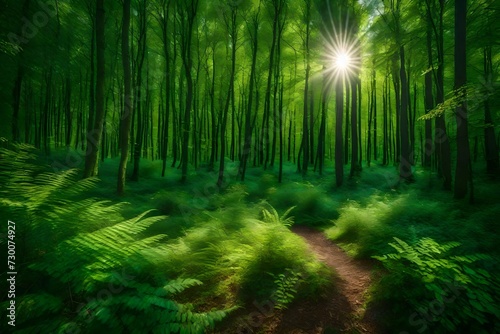 Beautiful green summer forest. Spring background, backdrop