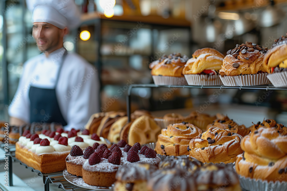 A man bakes fresh bread and sells it in front of a delicious shop in a bakery blurry background A man bakes fresh bread and sells it in front of a delicious shop in a bakery blurry background