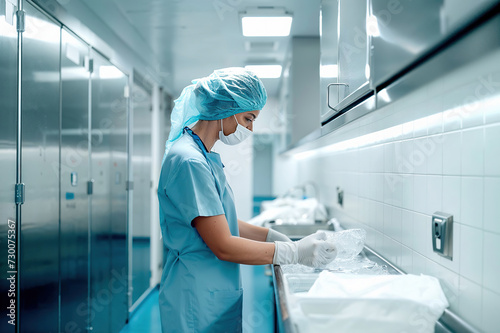Woman in Scrubs and Gloves Washing Dishes at the Hospital. Generative AI.