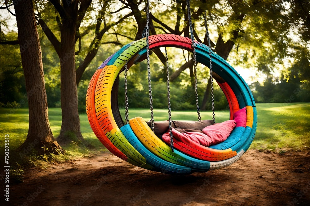 A transformation from an old car tire to a fun and colorful outdoor swing. Bright, daylight setting for the after image