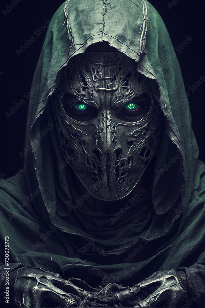 Man With Green Eyes in Hooded Outfit, Mysterious and Captivating Portrait of a Striking Individual. Generative AI. Man With Green Eyes in Hooded Outfit, Mysterious and Captivating Portrait of a Striking Individual. Generative AI.