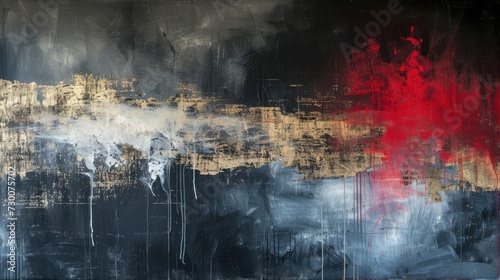 Abstract painting in black and red with golden accents, modern decoration, contemporary art