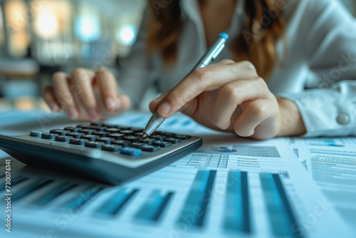 Business women use calculators to calculate investment charts at work. AI Generated