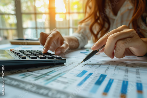Business women use calculators to calculate investment charts at work. AI Generated