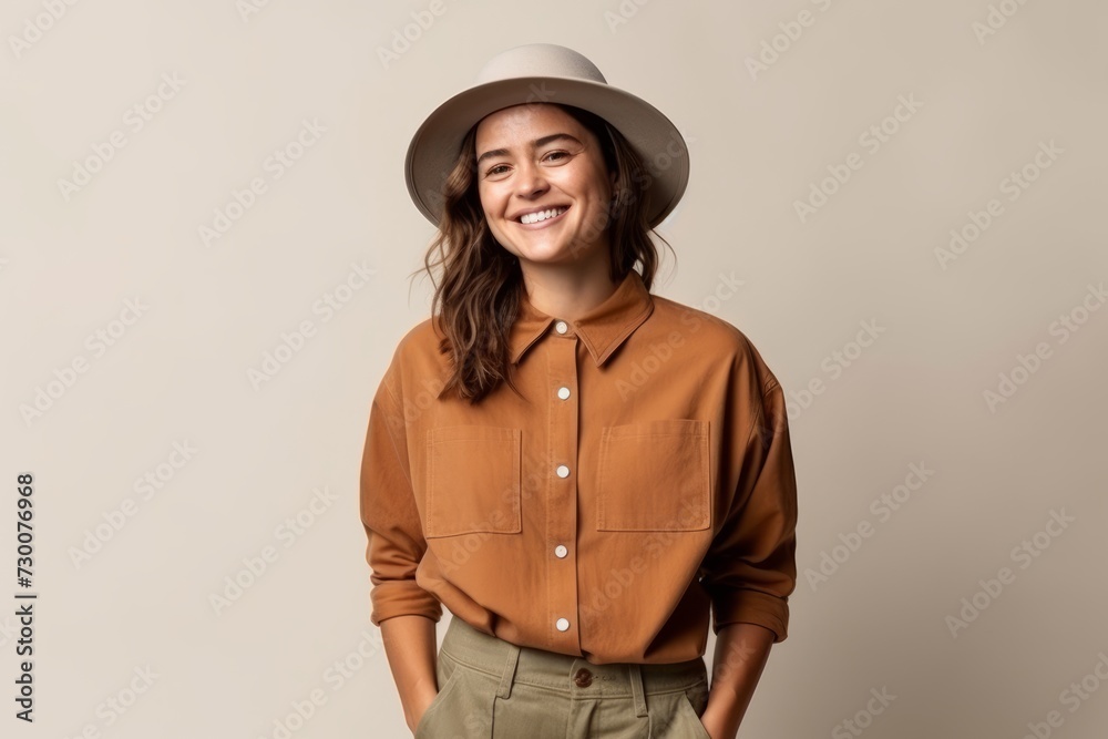 Portrait of a beautiful young woman in a hat and shirt smiling