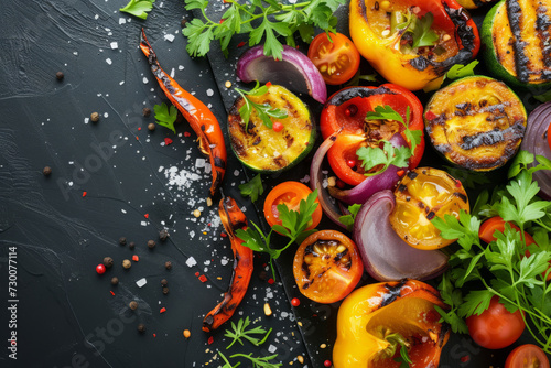 A flat lay composition of grilled vegetables  sea salt  spices like cilantro or pepper for a wholesome meals  with a gradient background and reserved thoughtful space for copy in background...