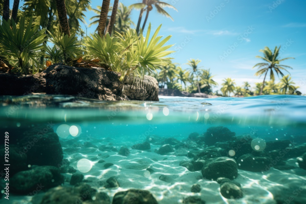 Underwater view of coral reef and sea water surface. Tropical landscape. Beach and family holiday concept