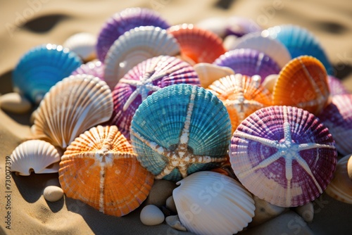 Colorful seashells on the beach. Summer vacation concept.