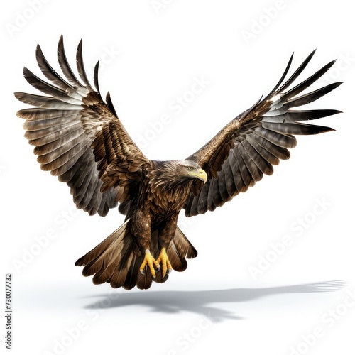 Flying bald eagle bird with big wings isolated on white background