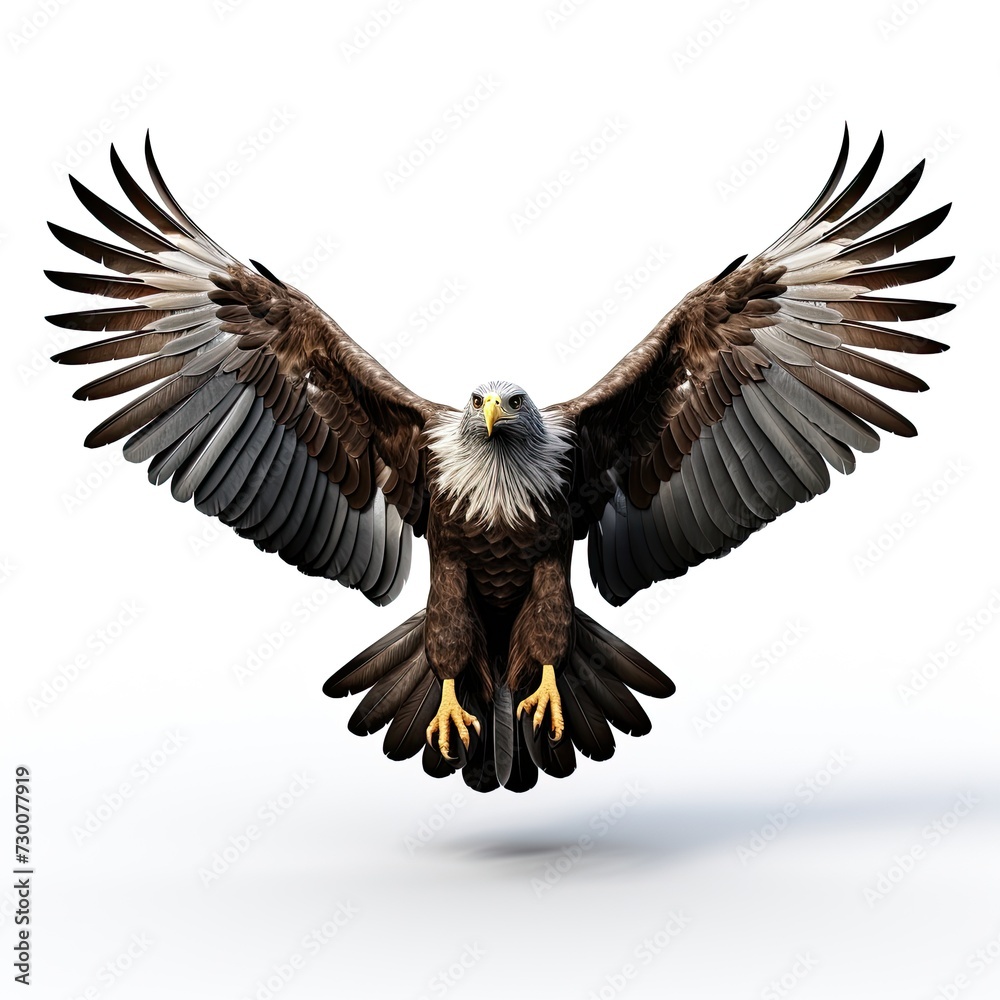 Obraz premium Flying bald eagle bird with big wings isolated on white background
