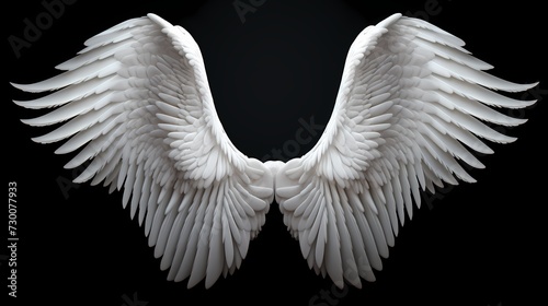 Majestic white angel wings, perfectly symmetrical and elegantly poised on a black solid background, radiating an aura of divine grace