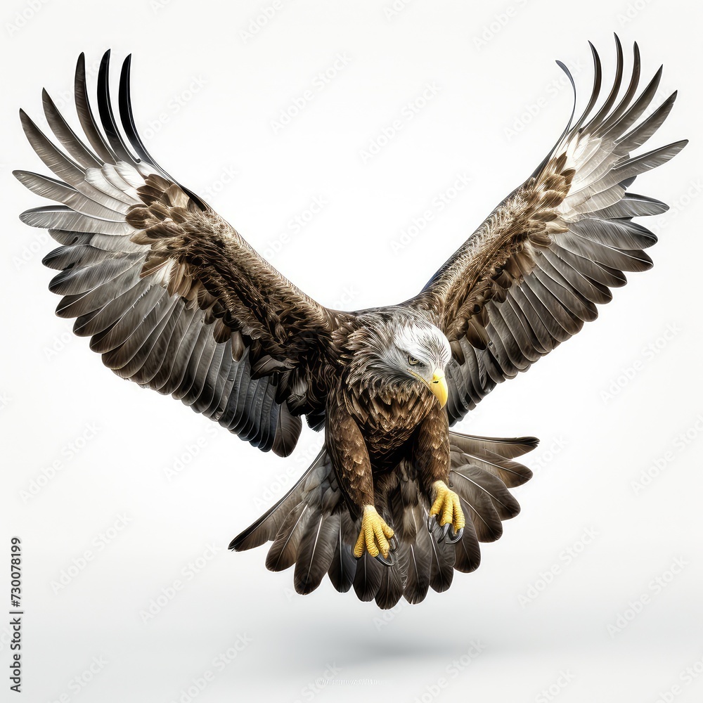 Fototapeta premium Flying bald eagle bird with big wings isolated on white background