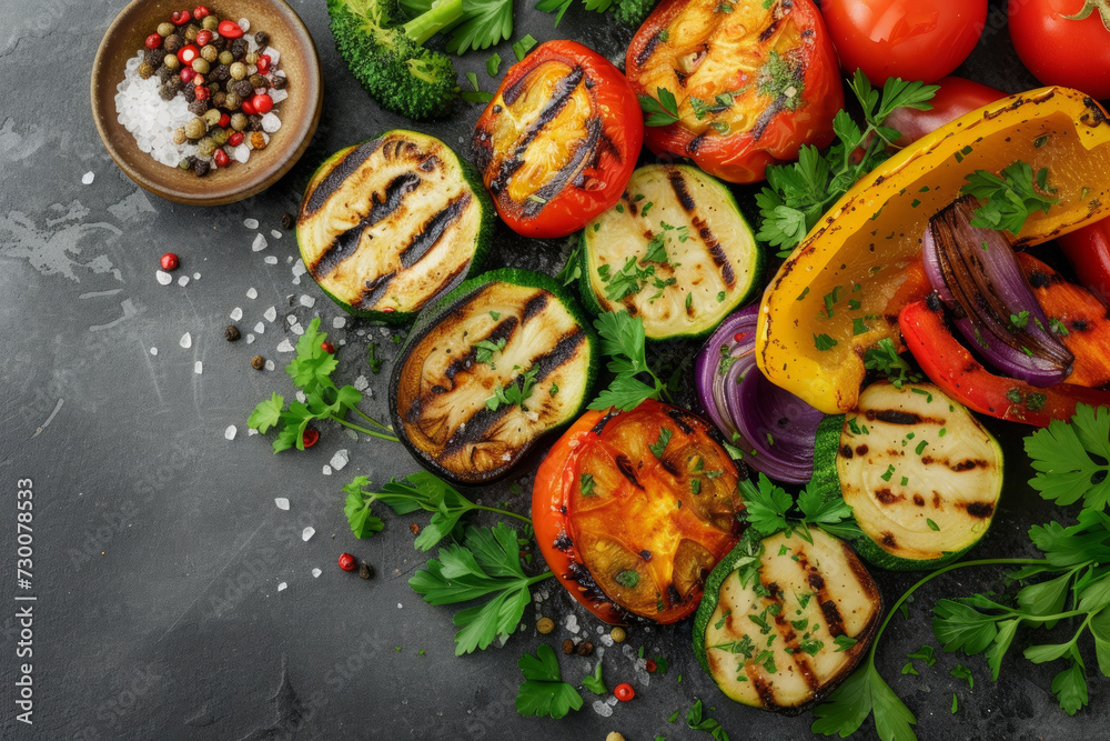 Φωτογραφία A flat lay composition of grilled vegetables, sea salt, spices like cilantro or pepper for a wholesome meals, with a gradient background and reserved thoughtful space for copy in background