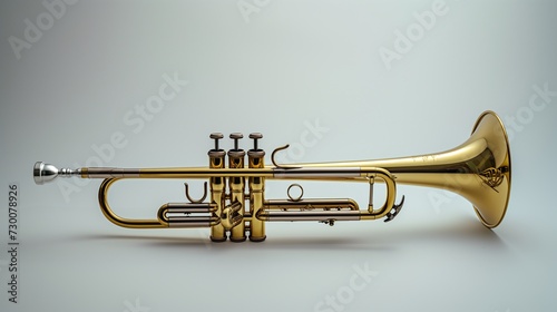Against a clean and isolated background, a gleaming trumpet stands as a musical centerpiece, its brass details and curves showcased with exquisite detail. 