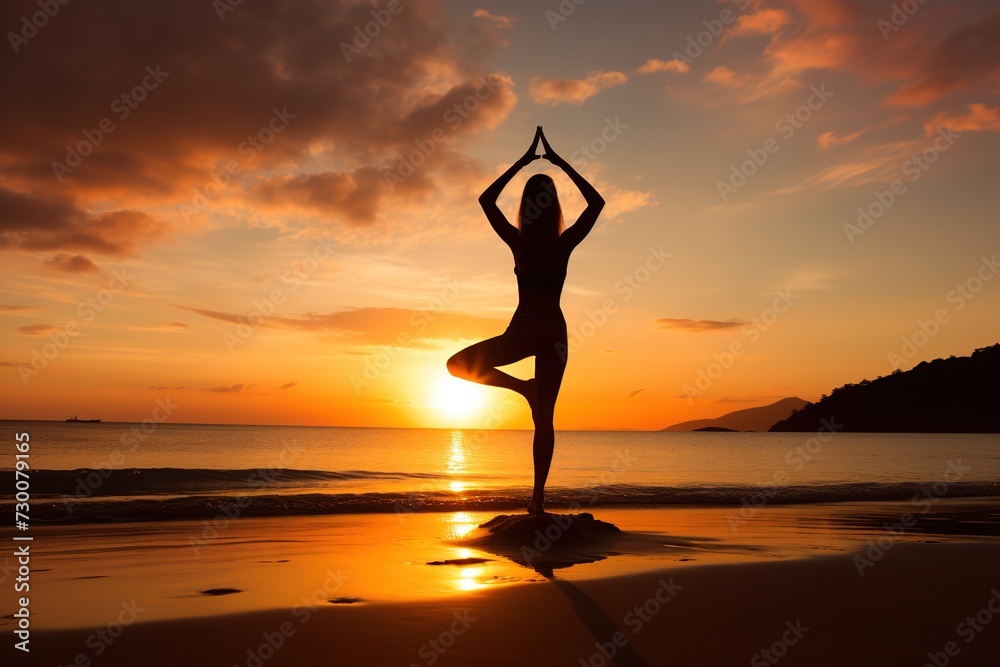 Silhouetted Person Practicing Yoga on a Beach at Sunset