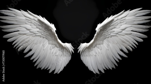 Powerful and ethereal white angel wings, perfectly symmetrical and expansive, soaring against a solid black surface, radiating a divine presence