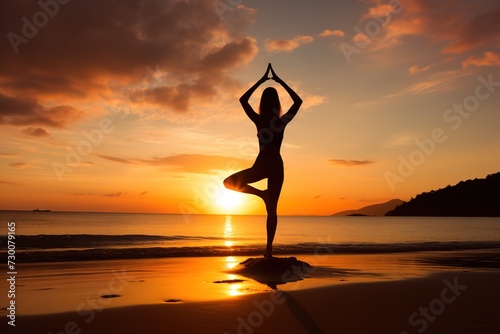 Silhouetted Person Practicing Yoga on a Beach at Sunset © Newleks