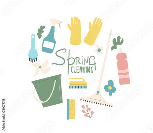 Spring cleaning round composition isolated on white background. Wash home tools with hand drawn lettering in circle shape. Vector flat illustration