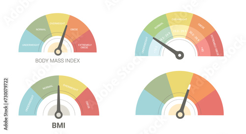 BMI set of indicator. Body mass index charts. Weight control formula. Vector flat illustration isolated on white background