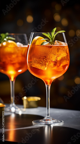 Aperol Spritz in a glass with a low stem on a gray table with a massive leather chair in the background, close-up