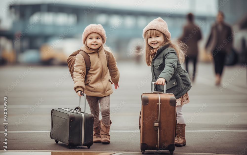 joyful children with a suitcase at the airport joyful children with a suitcase at the airport