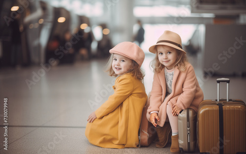 joyful children with a suitcase at the airport 
